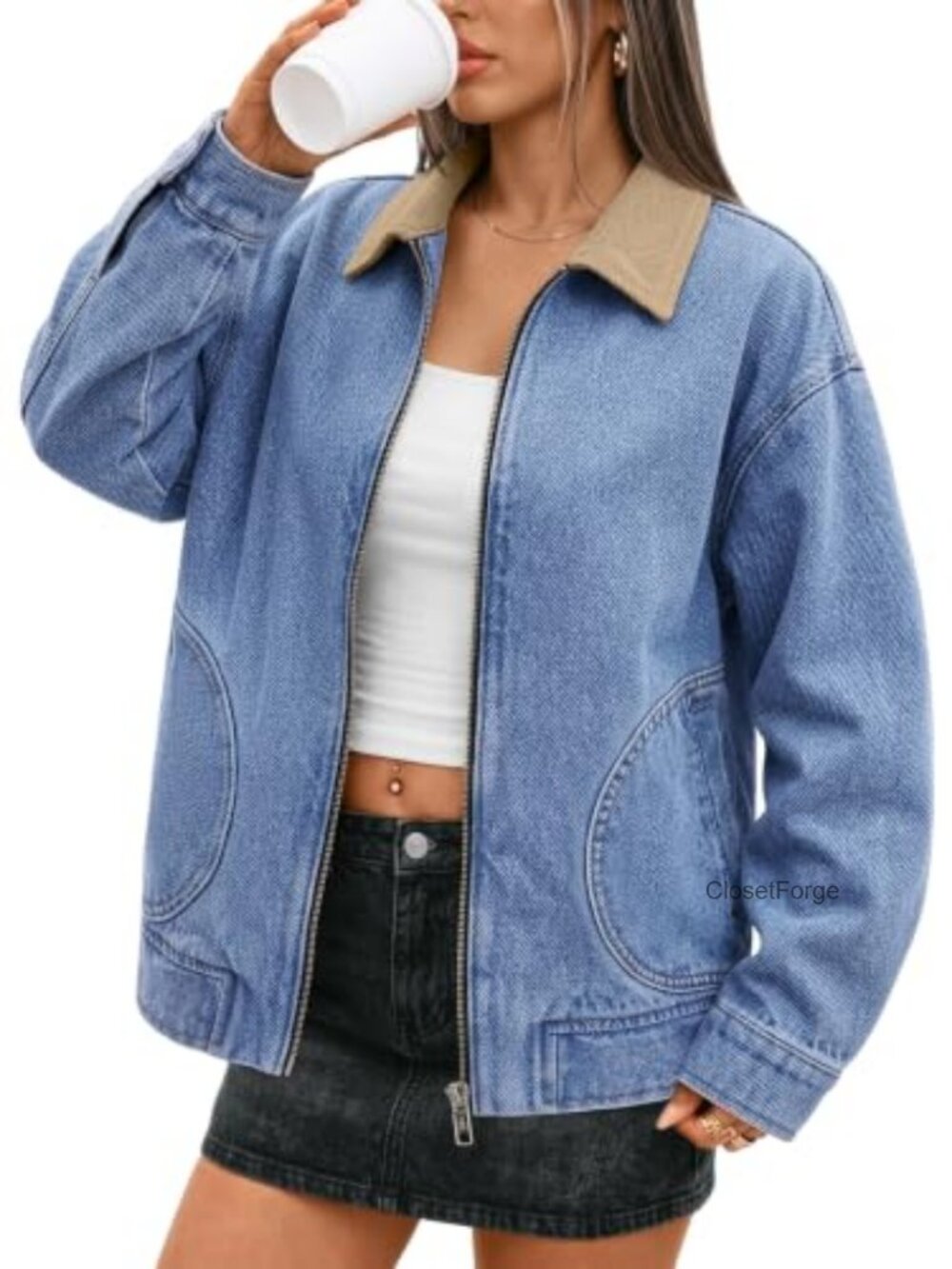Oversized 100% Cotton Denim Barn Jacket Corduroy Collar Zip Workwear